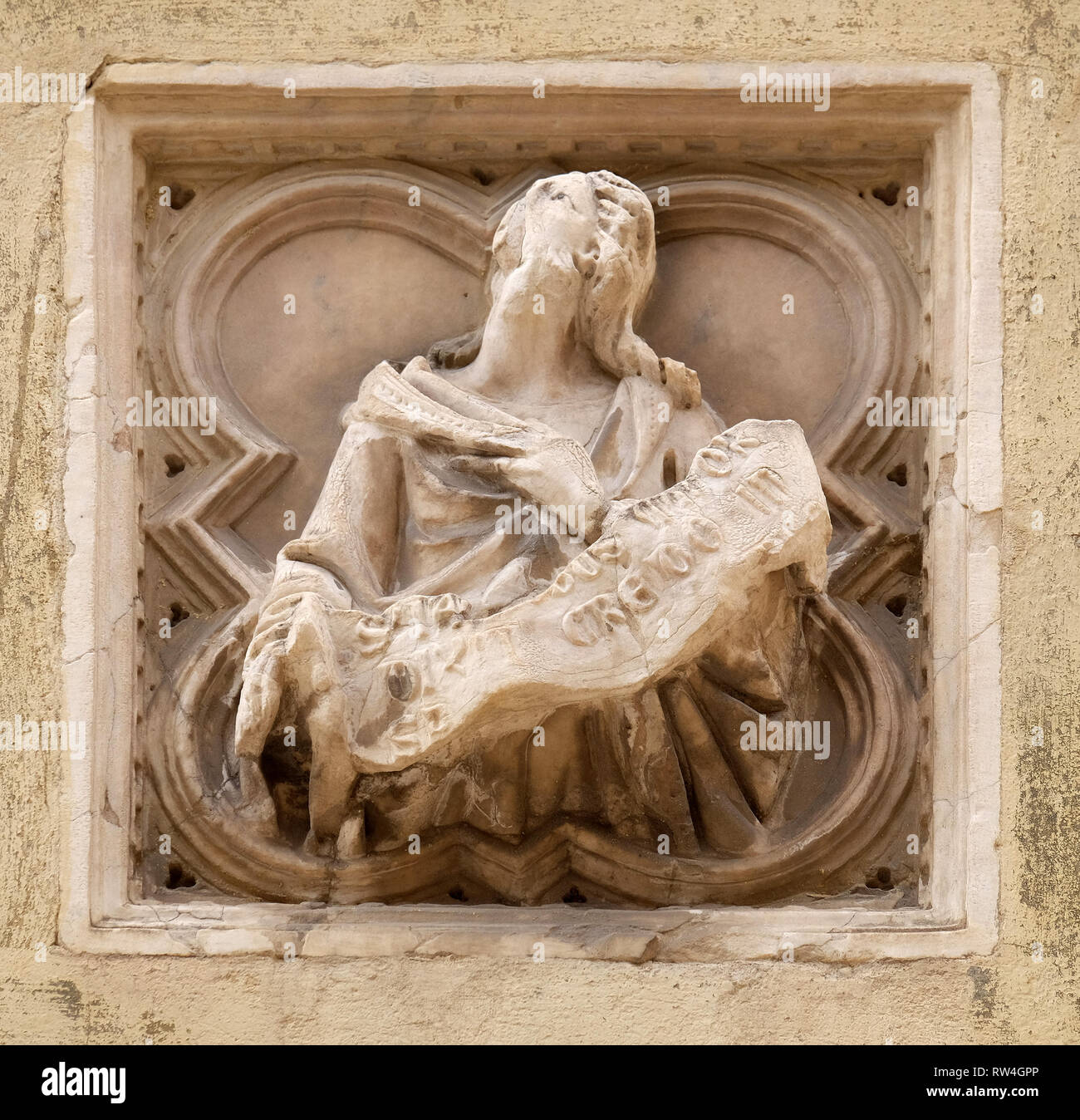 Storia biblica, mattonelle di rilievo, la parete esterna della chiesa di Orsanmichele a Firenze, Toscana, Italia Foto Stock