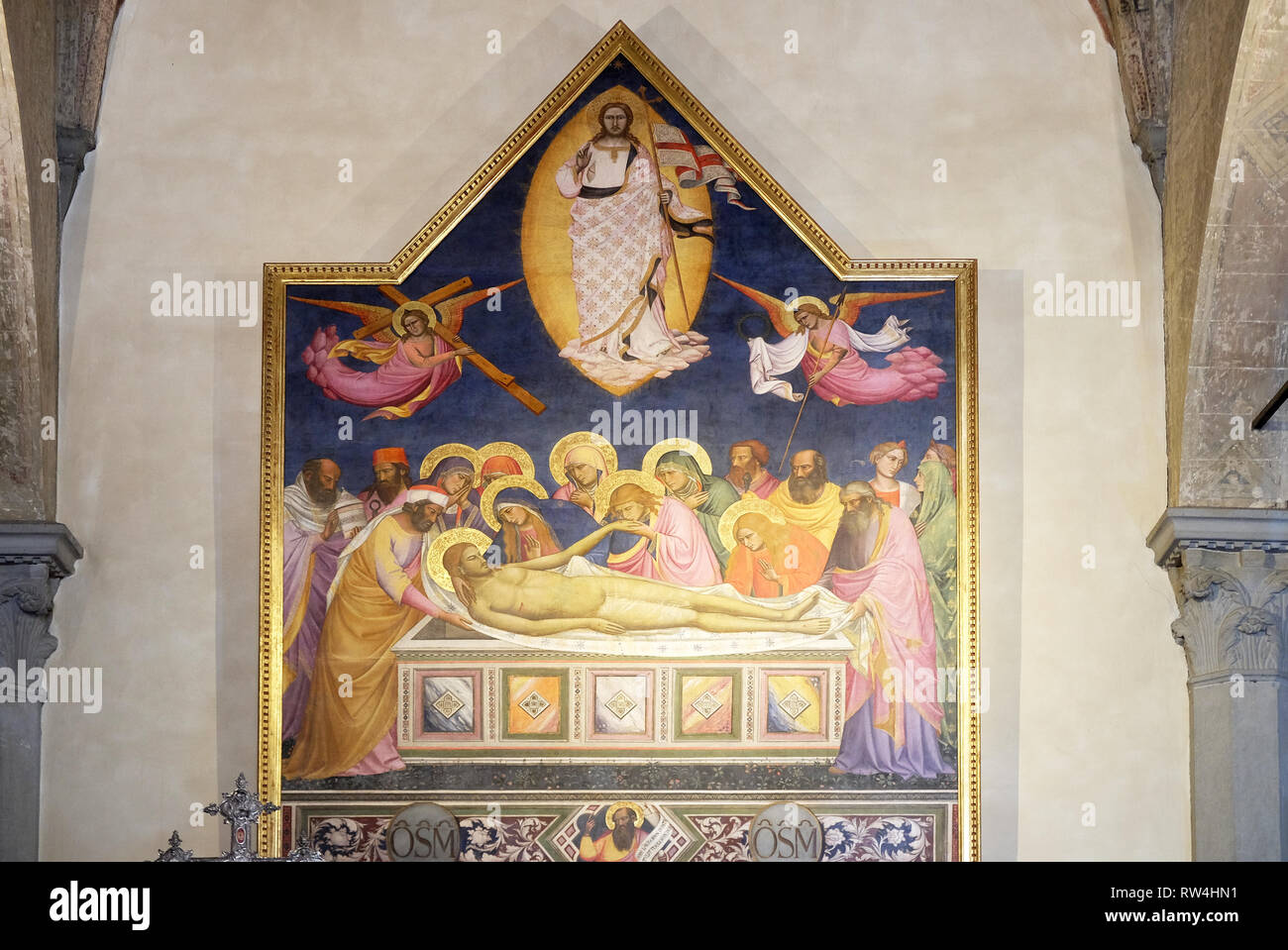 La deposizione e la risurrezione di Gesù da Niccolò di Pietro Gerini, altare dipinto in San Carlo (San Carlo dei Lombardi) Chiesa Firenze Italia Foto Stock