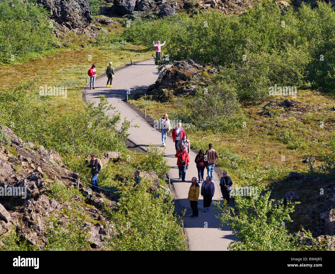 Dimmuborgir -area di forma inusuale campi di lava, grotta e formazioni di roccia vulcanica, a est di Myvatn, Islanda. Foto Stock