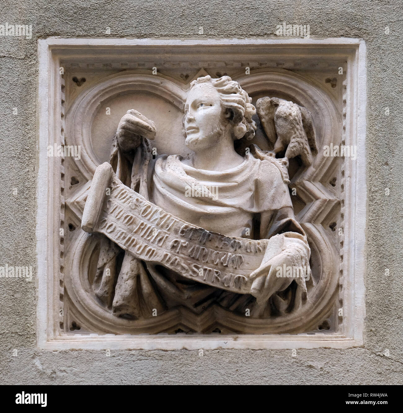 Storia biblica, mattonelle di rilievo, la parete esterna della chiesa di Orsanmichele a Firenze, Toscana, Italia Foto Stock