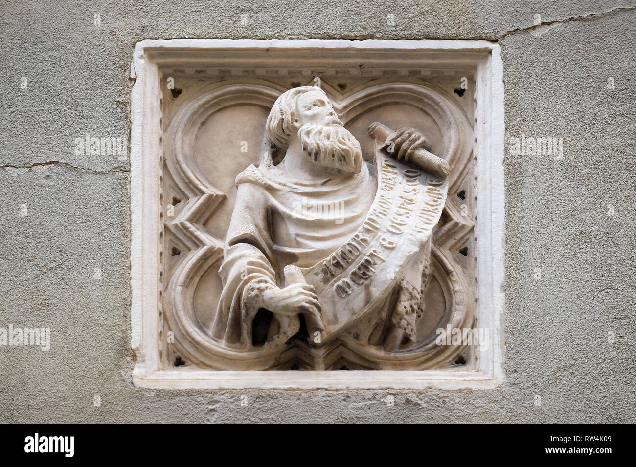 Storia biblica, mattonelle di rilievo, la parete esterna della chiesa di Orsanmichele a Firenze, Toscana, Italia Foto Stock