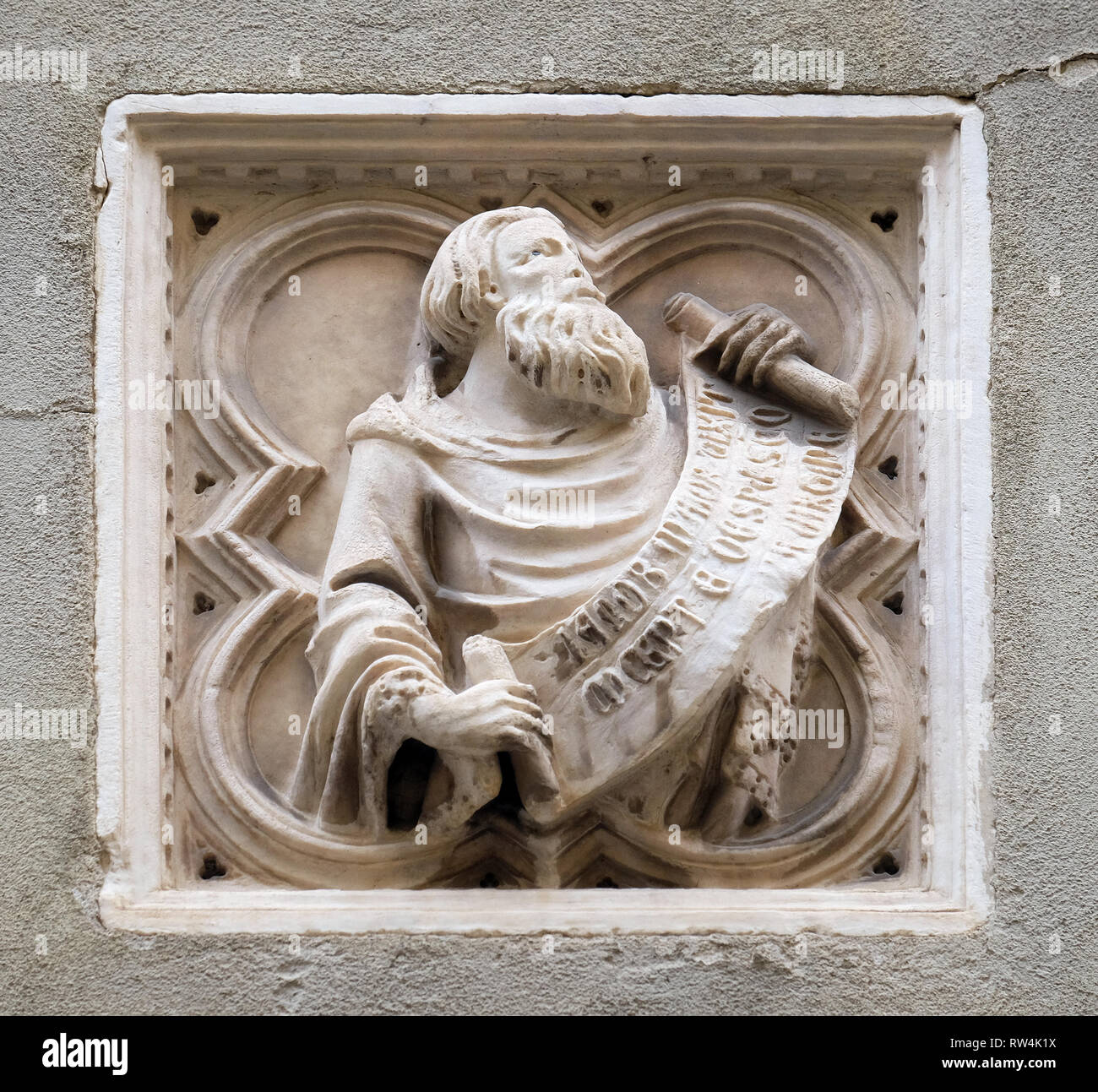 Storia biblica, mattonelle di rilievo, la parete esterna della chiesa di Orsanmichele a Firenze, Toscana, Italia Foto Stock