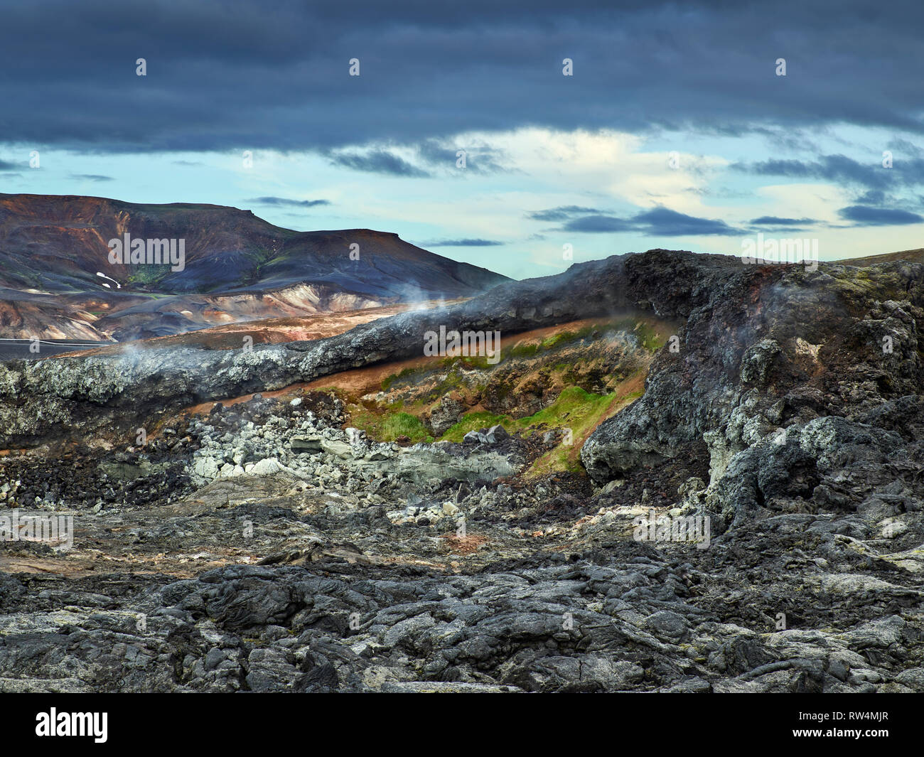 Leirhnukur primavera calda area, area geotermica, Islanda Foto Stock