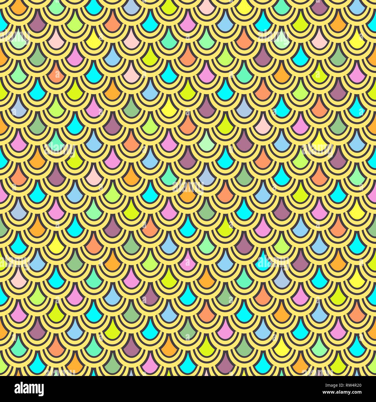 Multicolor squame di pesce seamless pattern, ornamento grafico, ornamento zoomorfi, rainbow illustrazione, sfondo vettoriale. Colorato brillante rotondo scale Illustrazione Vettoriale