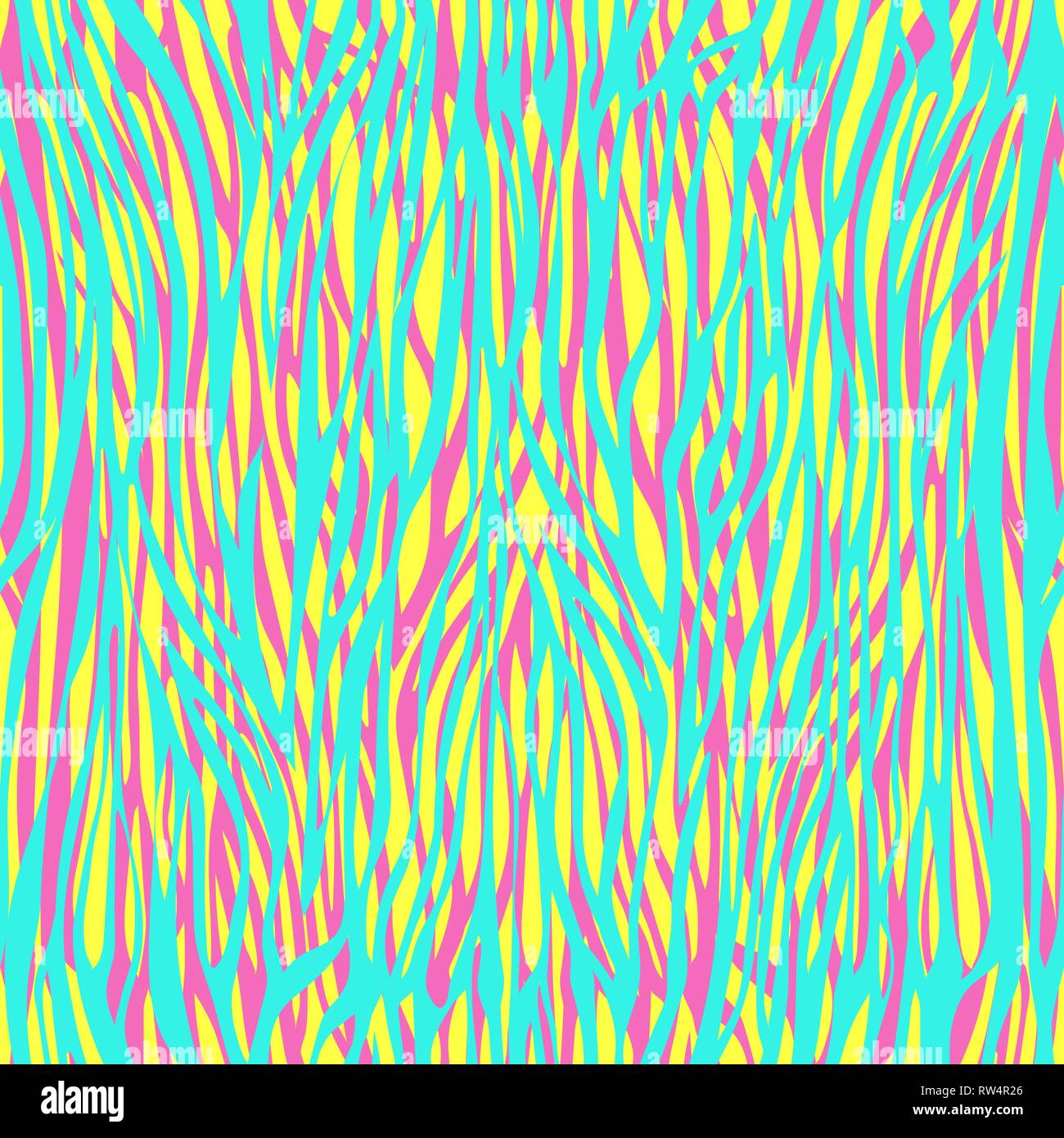 Caotica strisce irregolari astratto modello senza giunture, stampa zebra, ornamento zoomorfi e stilizzata illustrazione moderna. Colorato di giallo luminoso turchese pi Illustrazione Vettoriale