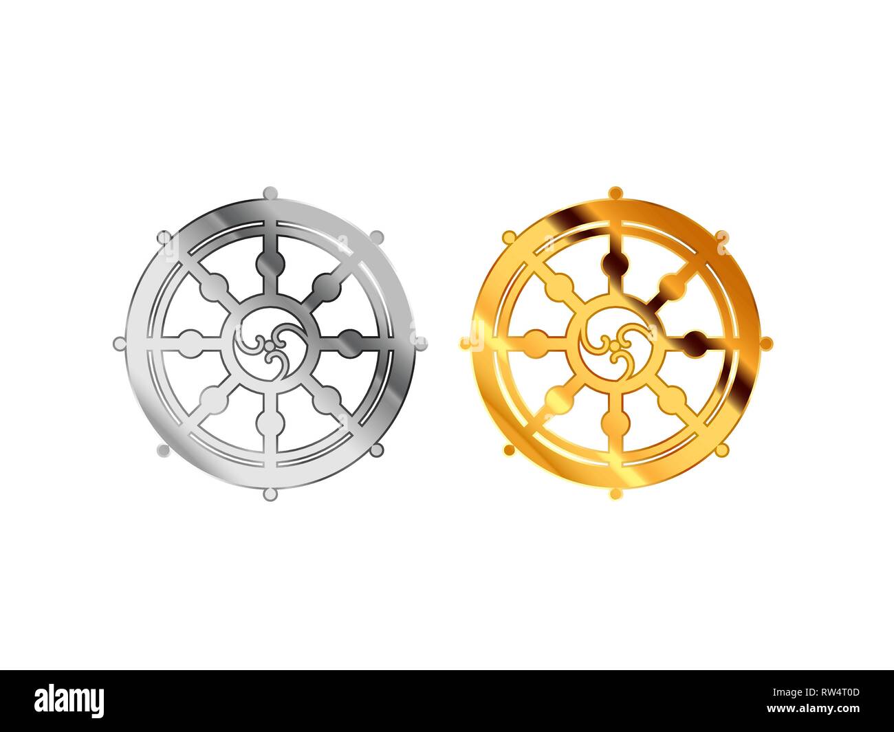 Il buddismo segni religiosi fatti da argento lucido e oro metall isolato su bianco Illustrazione Vettoriale