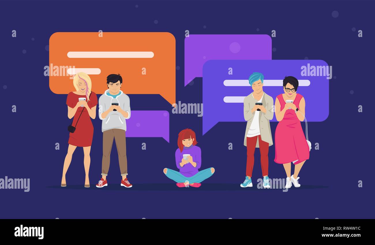 Chat fumetti per i messaggi sms per comunicare e condividere meme piatta illustrazione vettoriale di giovani adolescenti utilizzando mobile smartphone per chatt Illustrazione Vettoriale