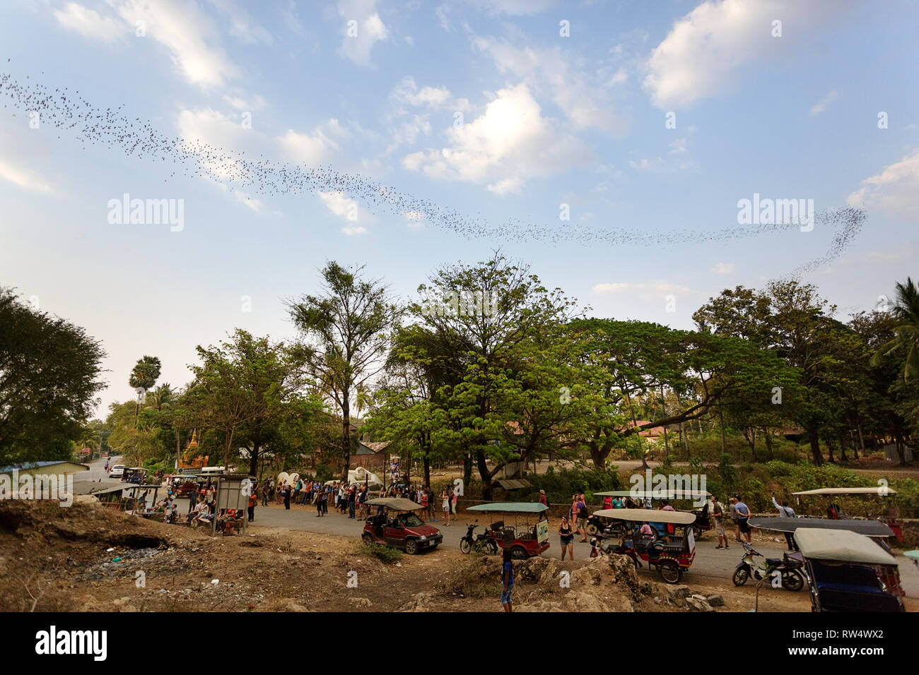 I turisti rispettando i pipistrelli battenti fuori dei pipistrelli, Battambang, Cambogia Foto Stock