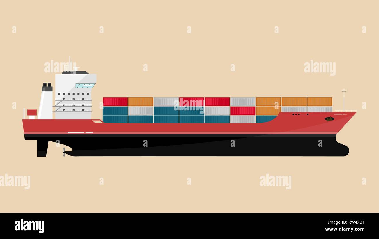 Nave cargo Icona con contenitore di carichi in export-import Processo di spedizione. Illustrazione Vettoriale