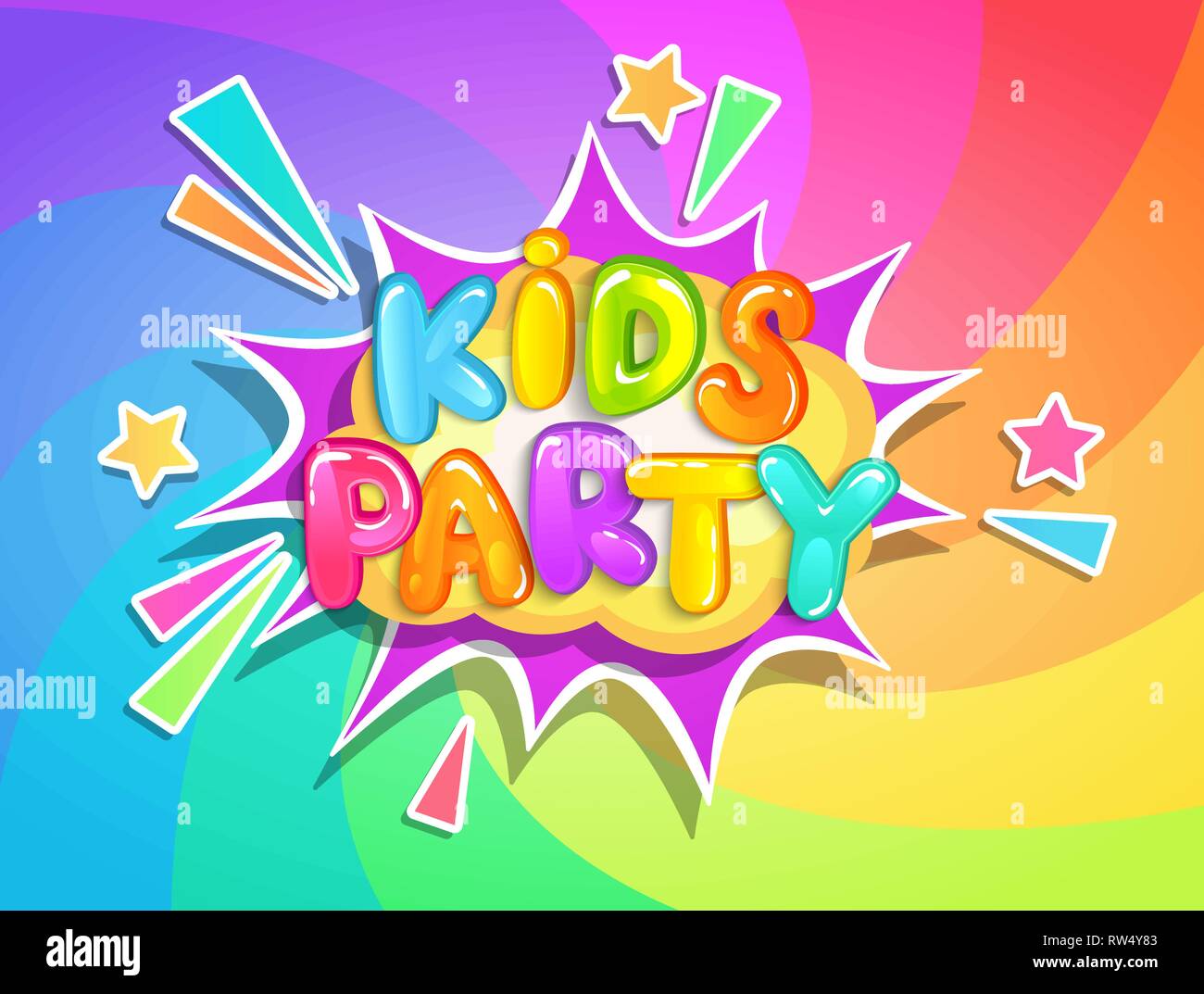 Kids party banner su rainbow swirl sfondo a spirale in stile cartoon. Posto per il gioco e il divertimento, bambini Sala giochi per la festa di compleanno. Poster per i bambini" Illustrazione Vettoriale