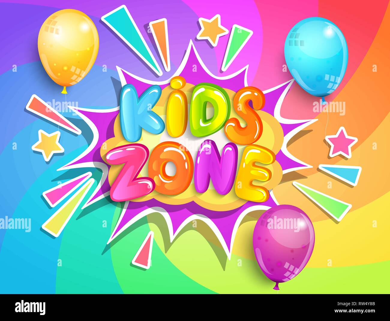 Kids Zone banner con palloncini su rainbow sfondo a spirale in stile cartoon.luogo di divertimento e di gioco,i bambini Sala giochi per la festa di compleanno.Poster per bambino Illustrazione Vettoriale