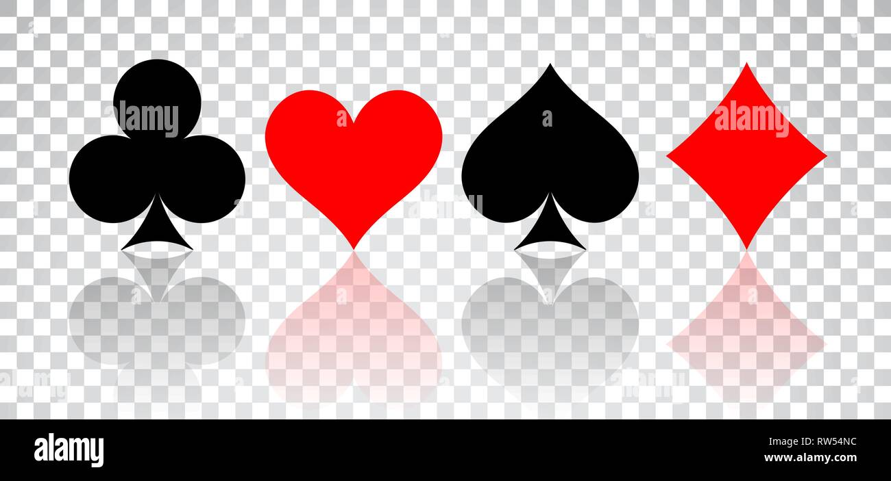 Set di cuori, picche, club e diamanti con la riflessione su sfondo trasparente. Illustrazione Vettoriale