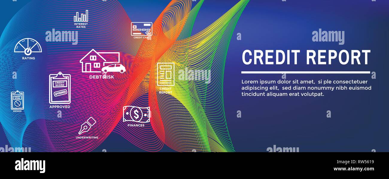 Punteggio di credito Imposta icona e Web Banner di intestazione di tabella o di grafico a torta fotorealistici con carta di credito Illustrazione Vettoriale