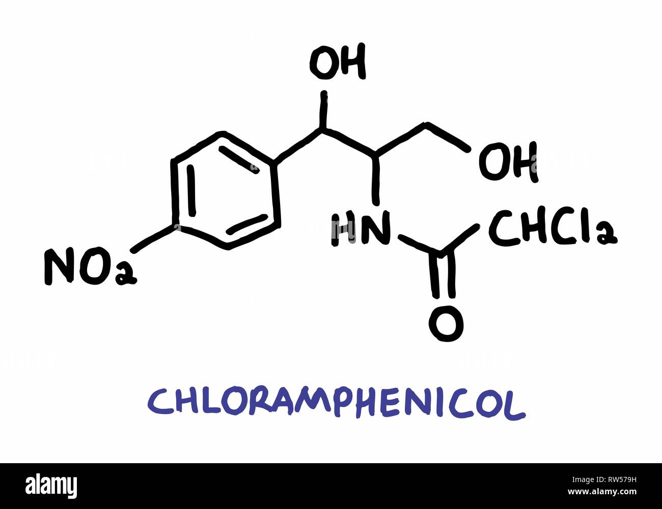 Una illustrazione di freehand del cloramfenicolo struttura chimica Illustrazione Vettoriale