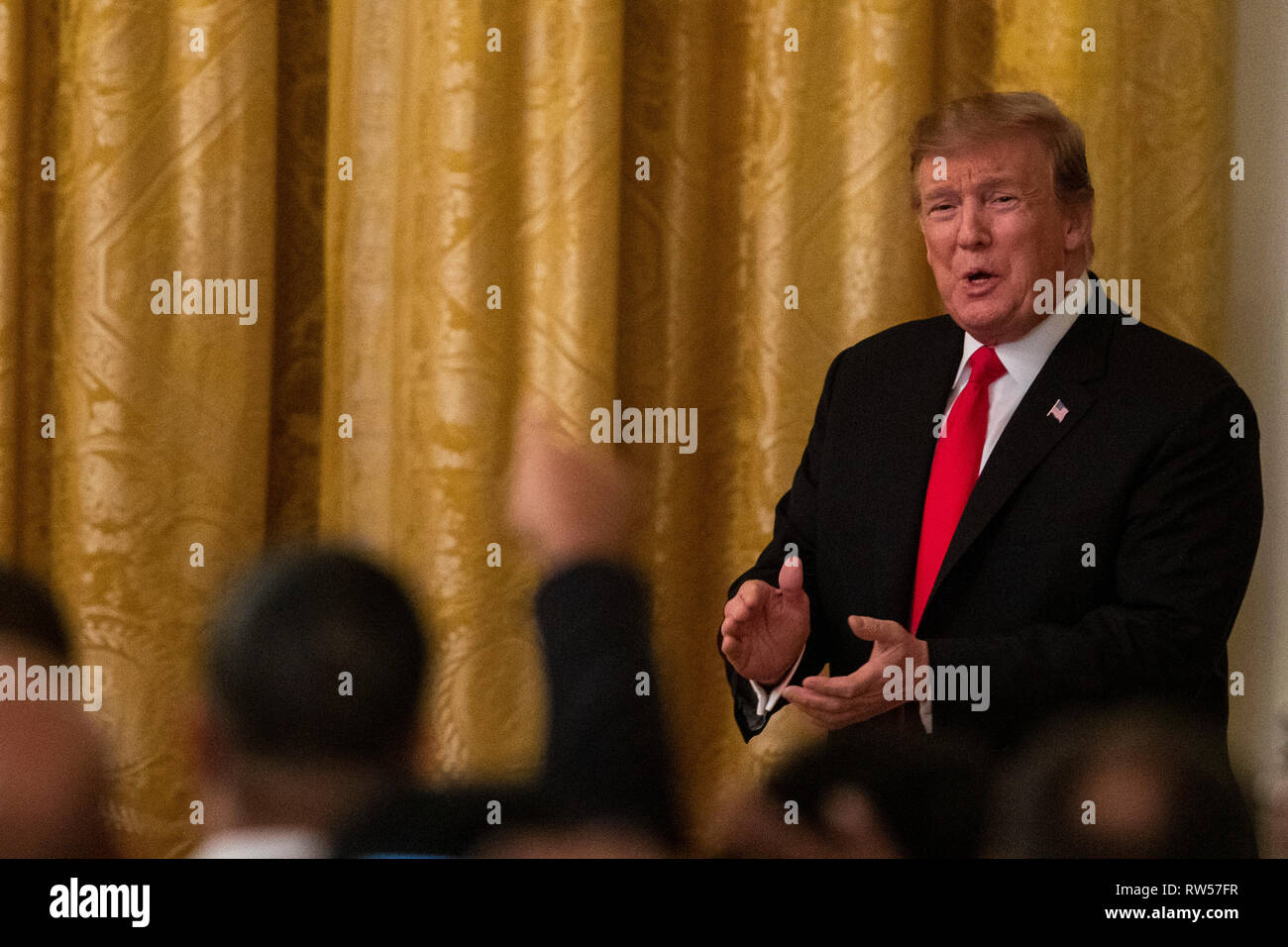 Stati Uniti Presidente Donald Trump arriva a un cittadino americano africano storia mese ricezione in Washington, Stati Uniti, giovedì 21 febbraio, 2019. Foto Stock