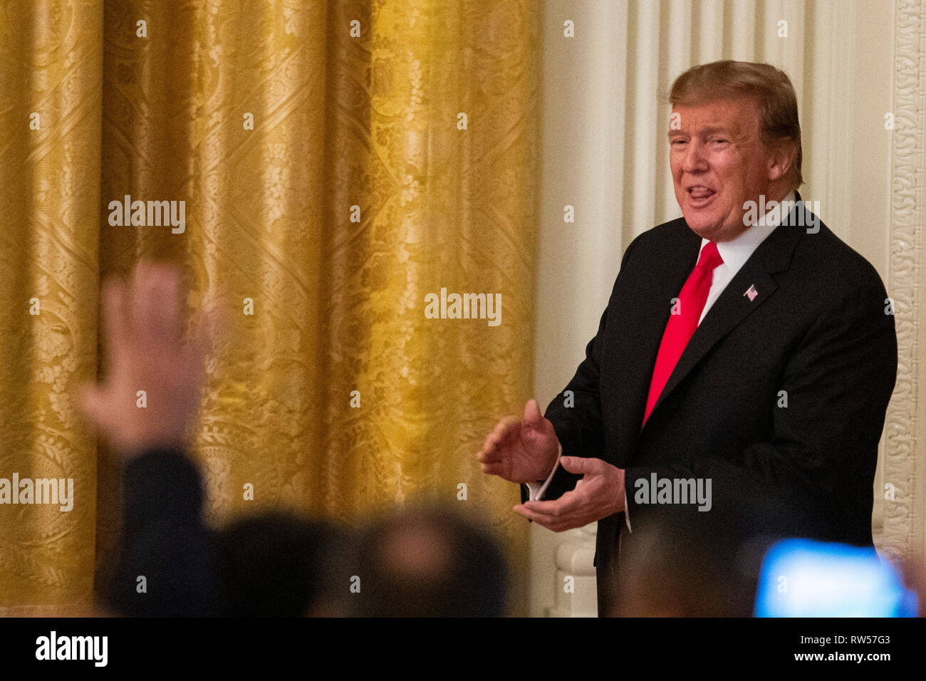 Stati Uniti Presidente Donald Trump arriva a un cittadino americano africano storia mese ricezione in Washington, Stati Uniti, giovedì 21 febbraio, 2019. Foto Stock
