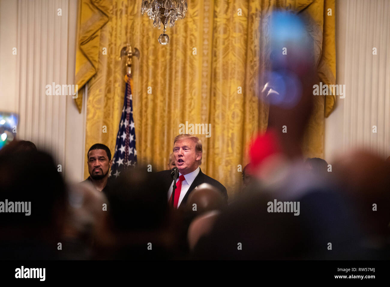 Stati Uniti Presidente Donald Trump parla a un cittadino americano africano storia mese ricezione presso la Casa Bianca a Washington DC, Stati Uniti, giovedì 21 febbraio, 2019. Foto Stock
