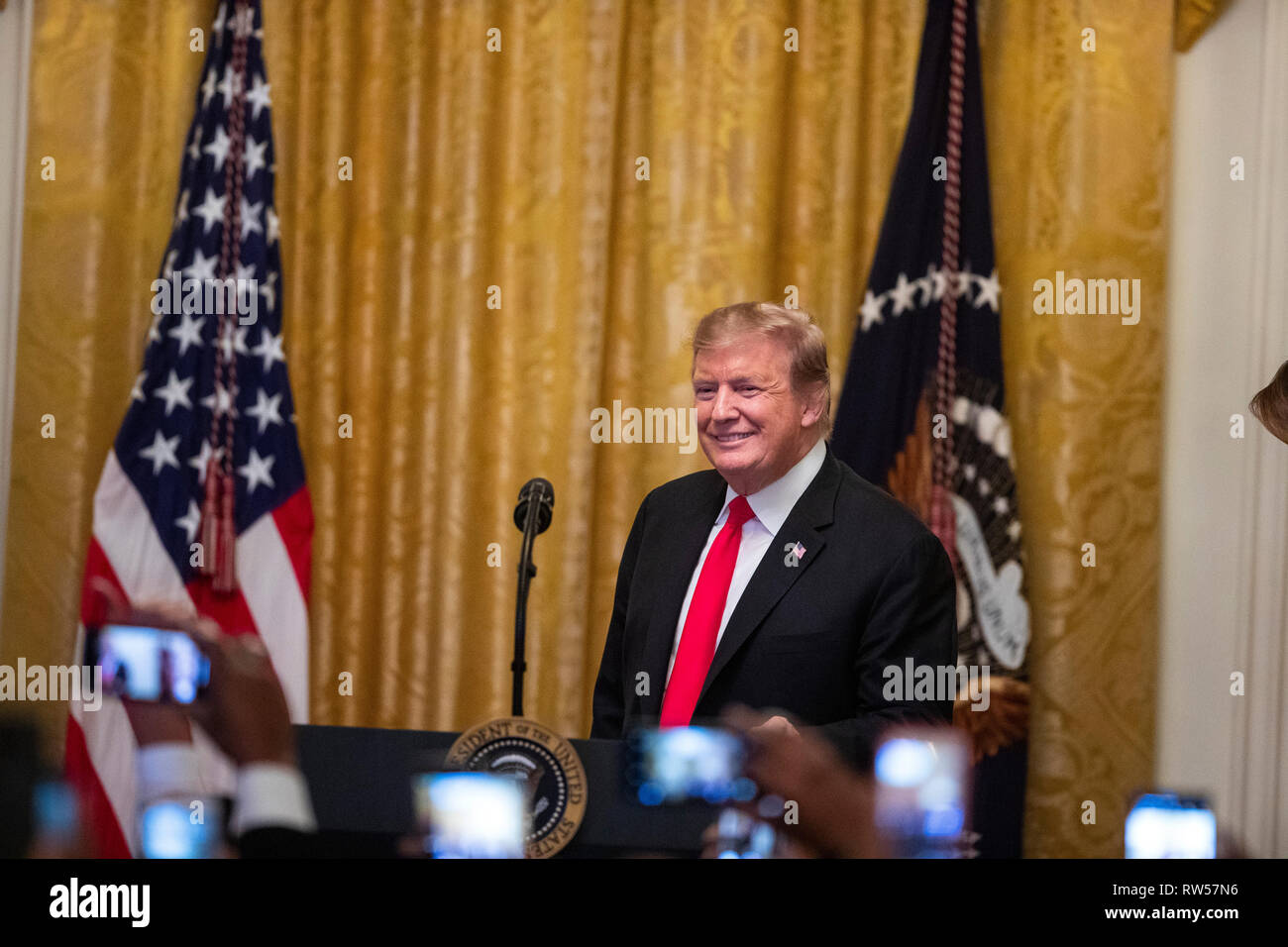 Stati Uniti Presidente Donald Trump arriva a un cittadino americano africano storia mese ricezione in Washington, Stati Uniti, giovedì 21 febbraio, 2019. Foto Stock