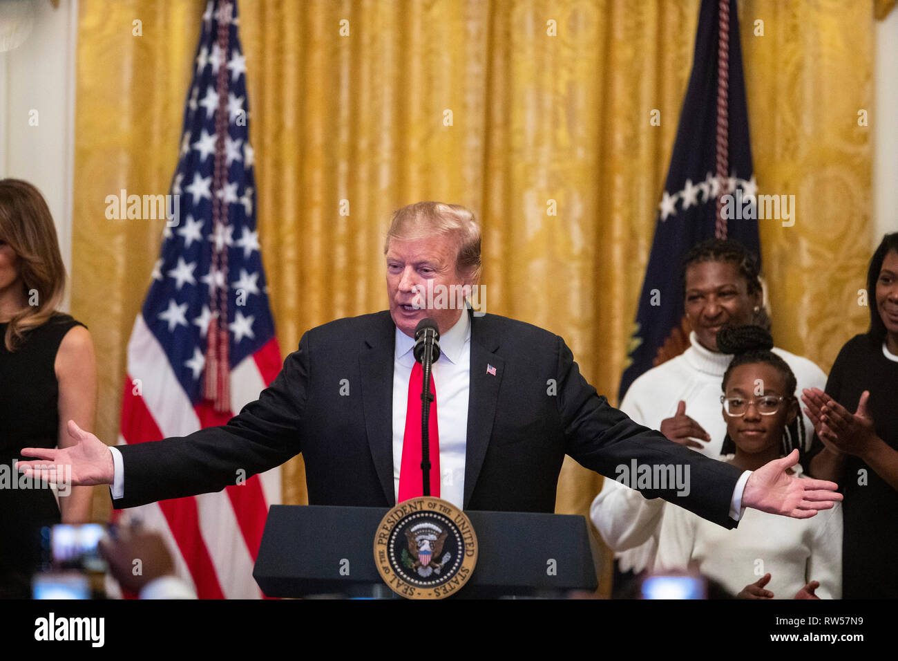 Stati Uniti Presidente Donald Trump parla a un cittadino americano africano storia mese ricezione presso la Casa Bianca a Washington DC, Stati Uniti, giovedì 21 febbraio, 2019. Foto Stock