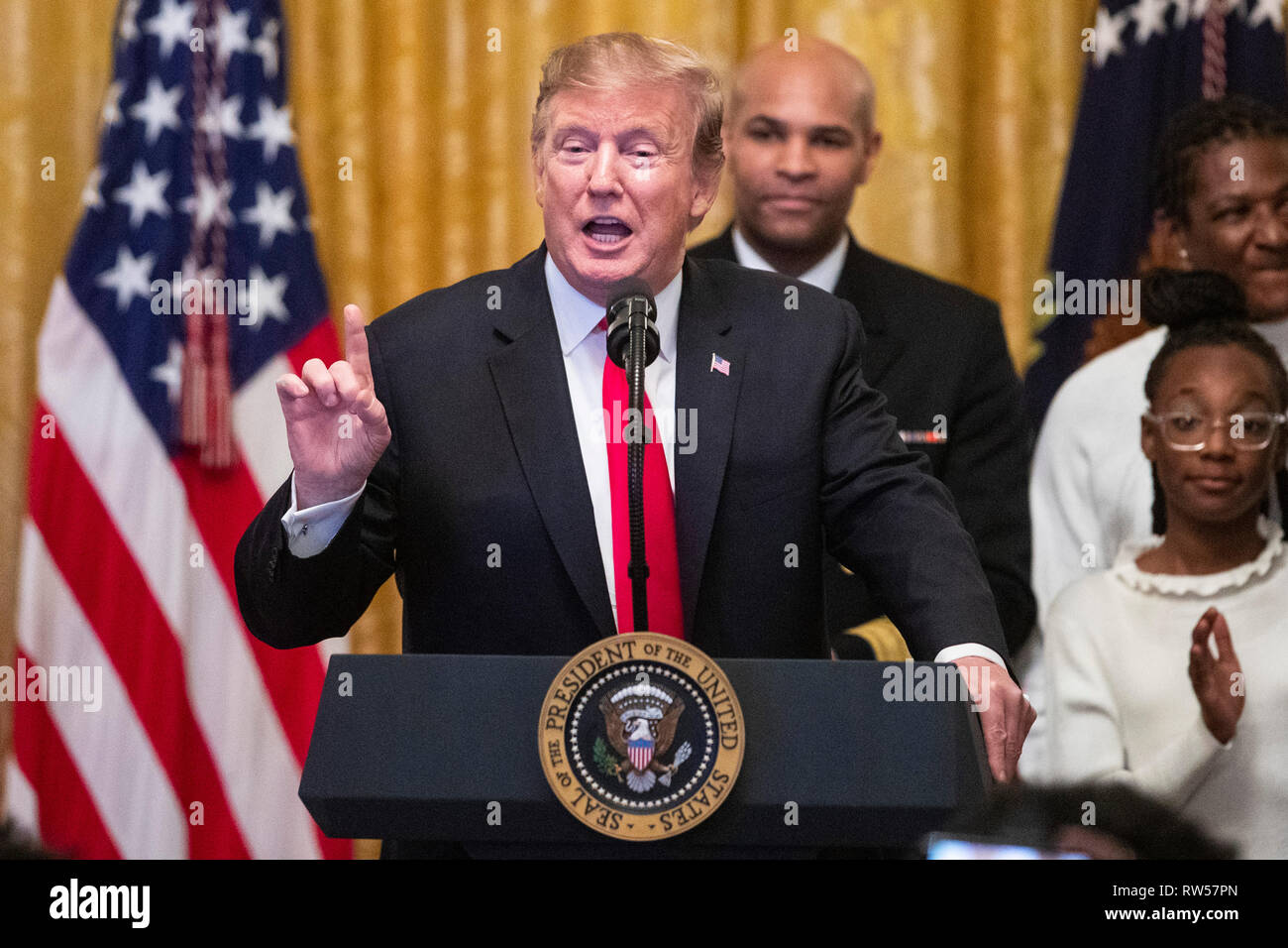 Stati Uniti Presidente Donald Trump parla a un cittadino americano africano storia mese ricezione presso la Casa Bianca a Washington DC, Stati Uniti, giovedì 21 febbraio, 2019. Foto Stock