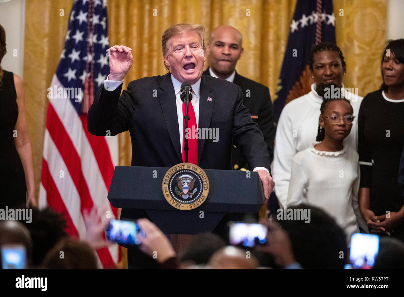 Stati Uniti Presidente Donald Trump parla a un cittadino americano africano storia mese ricezione presso la Casa Bianca a Washington DC, Stati Uniti, giovedì 21 febbraio, 2019. Foto Stock