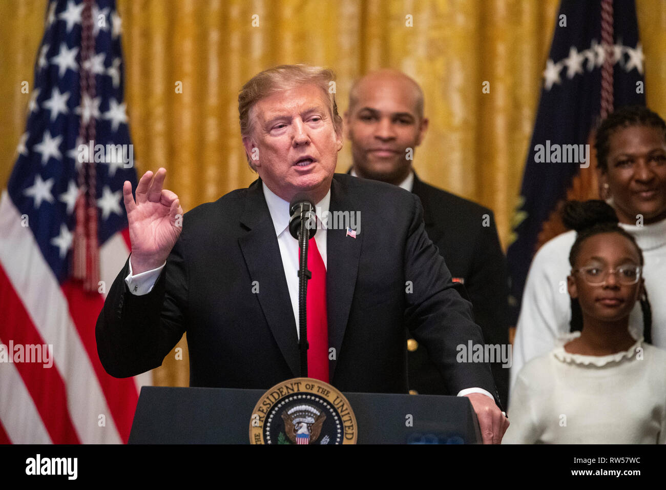 Stati Uniti Presidente Donald Trump parla a un cittadino americano africano storia mese ricezione presso la Casa Bianca a Washington DC, Stati Uniti, giovedì 21 febbraio, 2019. Foto Stock