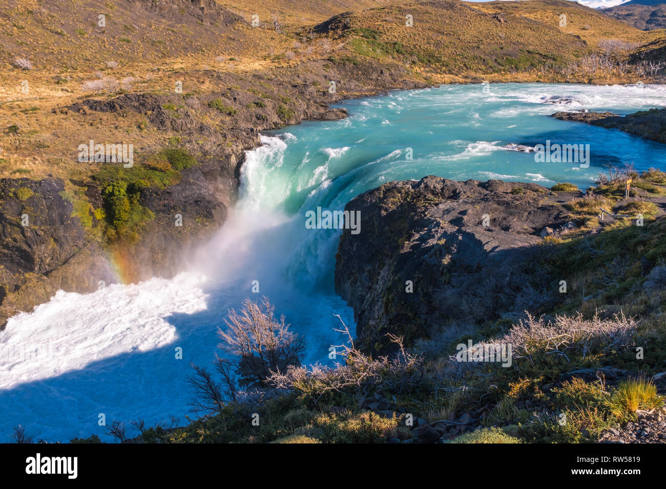 In cascata a cascata con un boato fragoroso in Torres del Paine circondato da verde a secco prato Foto Stock