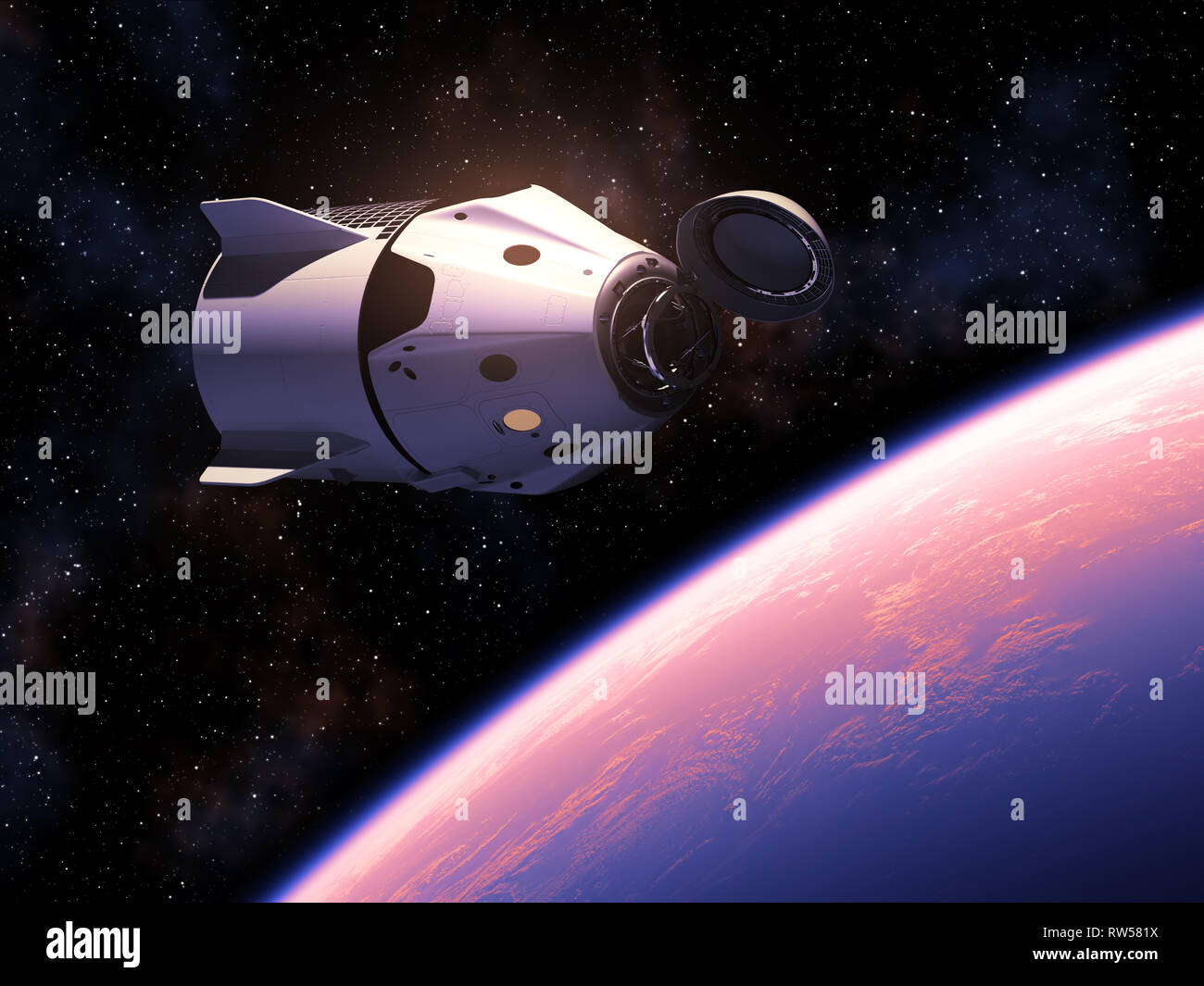 Veicolo spaziale commerciale in orbita del pianeta Terra. 3D'illustrazione. Foto Stock
