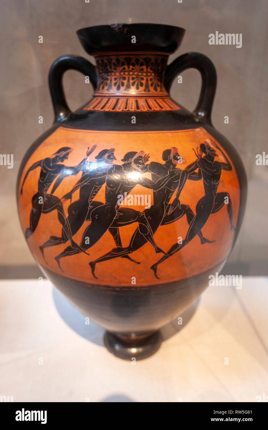 Terracotta greco Panathenaic premio anfora, il Metropolitan Museum of Art, Manhattan, New York STATI UNITI D'AMERICA Foto Stock