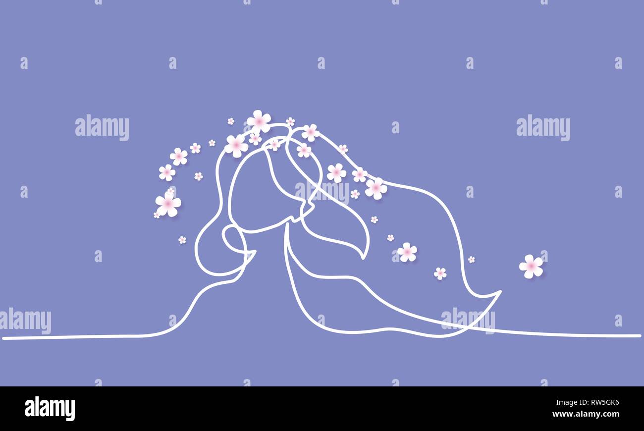 Felice 8 marzo womens giorno della carta. Disegnata a mano testa di donna con fiori di primavera. Illustrazione Vettoriale. Continuo di uno stile della linea. Illustrazione Vettoriale