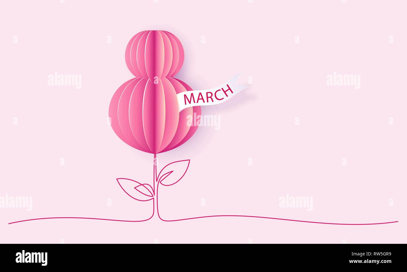 Felice 8 marzo womens giorno della carta. Il palloncino a forma di otto con dei fiori disegnati a mano foglie. Vettore desing di carta illustrazione. Continuo di uno stile della linea. Illustrazione Vettoriale