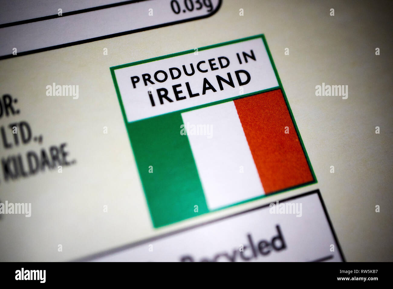 Prodotto in Irlanda etichetta sul proprio marchio oggetto di alimentare nella Repubblica di Irlanda Foto Stock