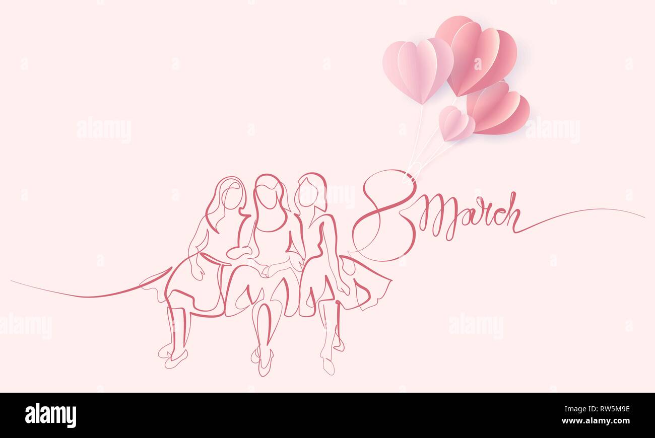 Felice 8 Marzo Giornata della donna card. Continuo di un disegno della linea. Le ragazze di amici seduti insieme con il nastro ait palloncini a forma di cuore. Illustrazione Vettoriale Illustrazione Vettoriale