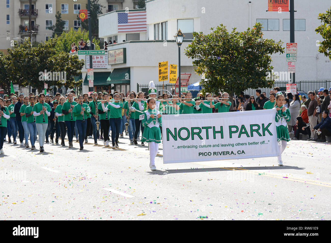 LOS ANGELES - 9 febbraio 2019: North Park, Pico Rivera, Marching Band presso il Golden Dragon Parade, per celebrare il nuovo anno cinese. Foto Stock