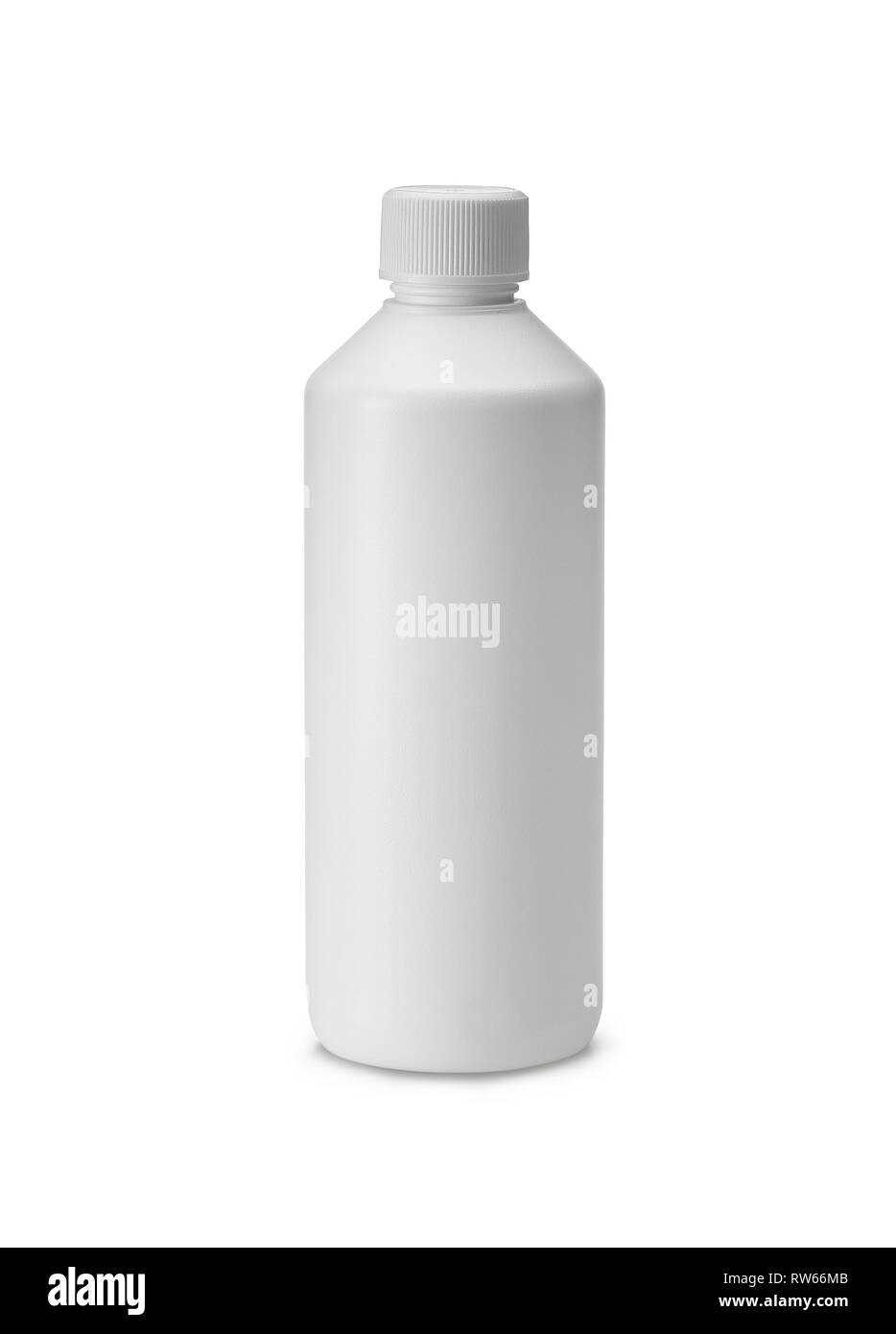 Bottiglia di plastica bianca isolata su bianco con tracciato di ritaglio Foto Stock