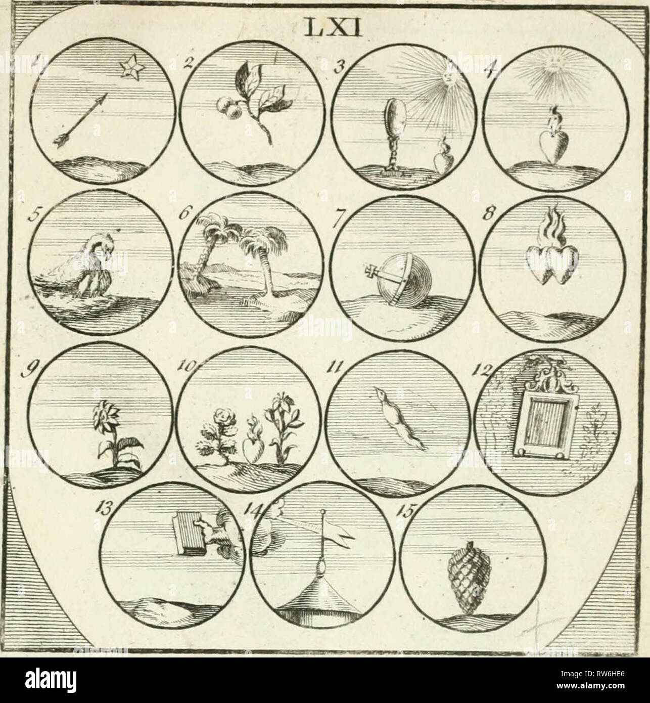 Emblemi, per il divertimento e il miglioramento della gioventù : contenente hieroglyphical e dispositivi enigmatical, relative a tutte le parti e le stazioni della vita : insieme con le spiegazioni e proverbi in Francese, Spagnolo, Italiano e Latino, alludendo a loro e tradotto in inglese : il tutto stranamente engrav'd su 62 piastre di rame Foto Stock