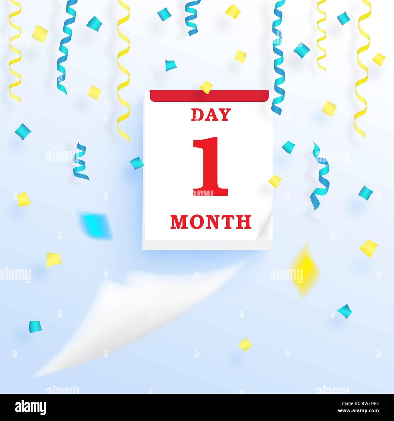 Ogni giorno calendario da parete, il primo giorno del mese, con lo strappo del foglio e nastro di flottante. Illustrazione Vettoriale modello 3d per tutti gli eventi da festeggiare. Illustrazione Vettoriale