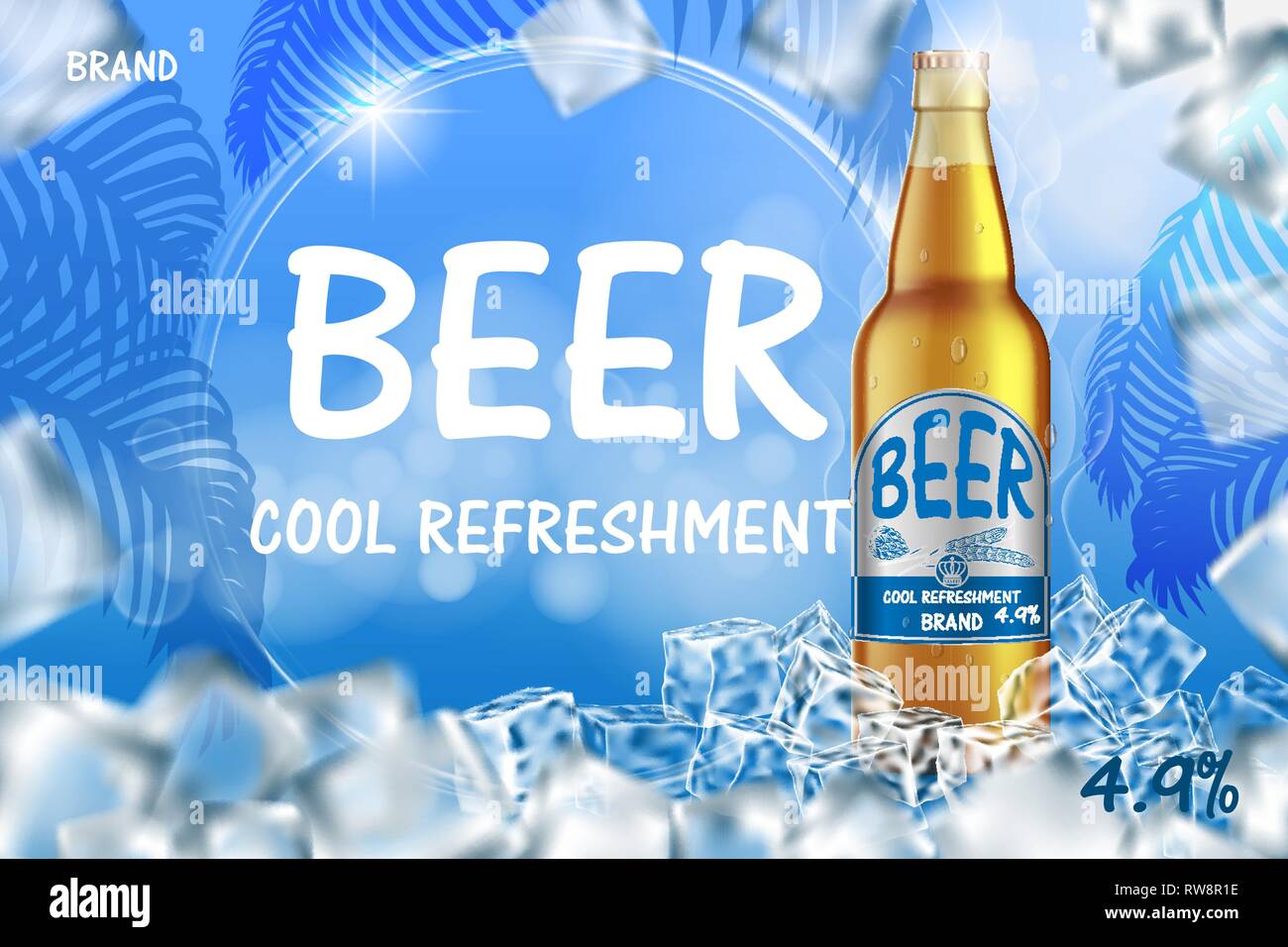 Artigianato birra ghiacciata annunci con schizzi. Vetro realistica bottiglia di birra con cubetti di ghiaccio su shiny estate sfondo blu. Vettore 3d illustrazione Illustrazione Vettoriale