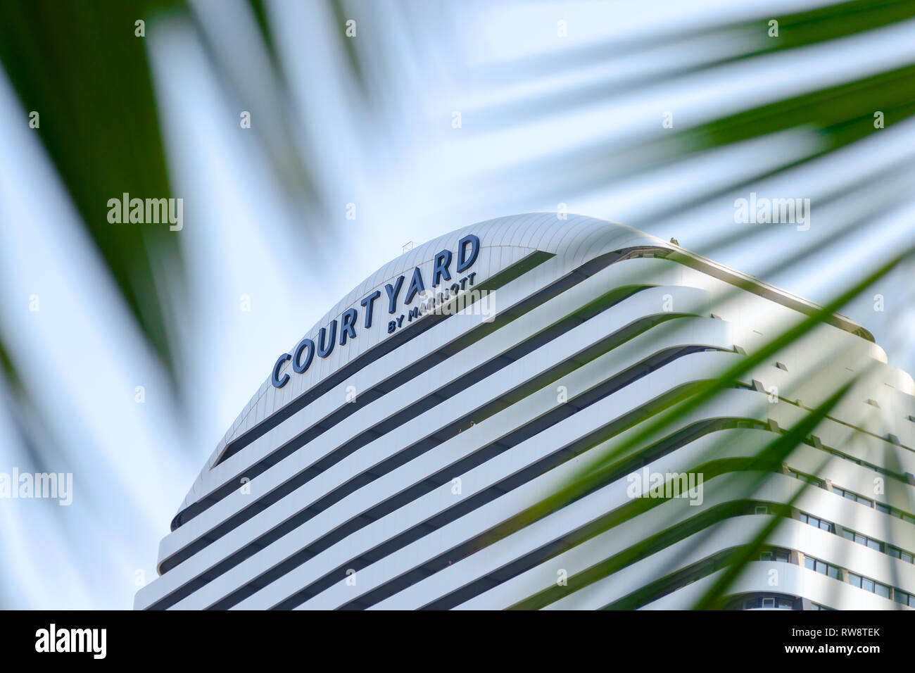 Batumi, Georgia, 2018-10-10: Courtyard by Marriott segno, in frame di foglie di palma. Hotel di lusso di facciata. Marriott International building. Hotel moderno e Foto Stock