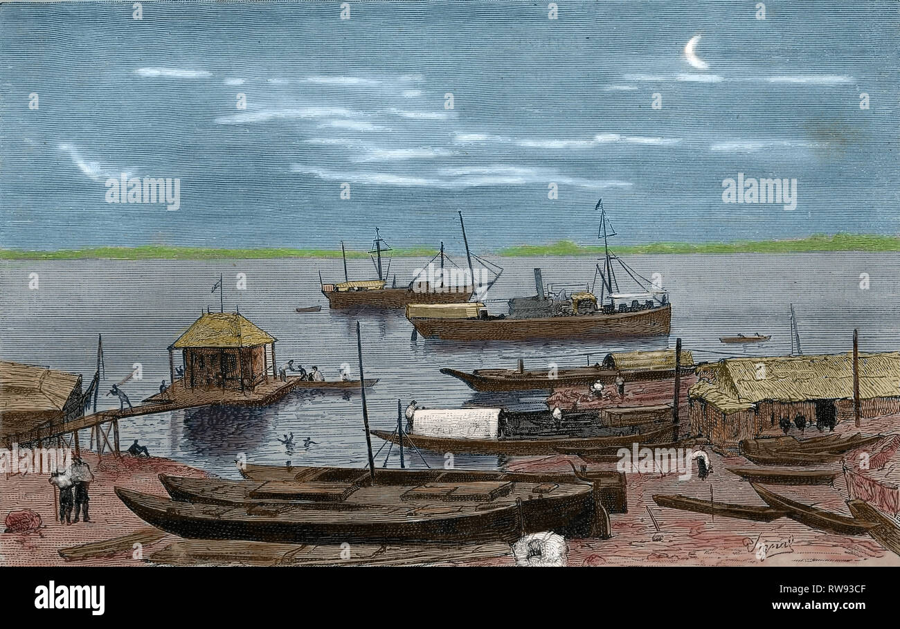 America. Ecuador. Guayaquil. Guayas Rives. Viaggio al fiume del Amazon e le gamme della montagna, da C. Wiener. Incisione, 1879-1882. Foto Stock