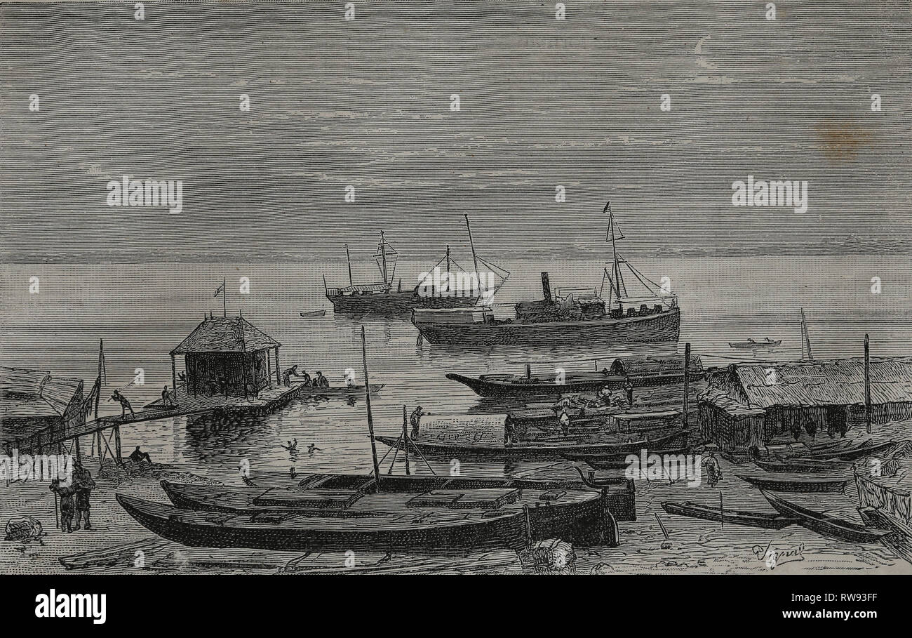 America. Ecuador. Guayaquil. Guayas Rives. Viaggio al fiume del Amazon e le gamme della montagna, da C. Wiener. Incisione, 1879-1882. Foto Stock