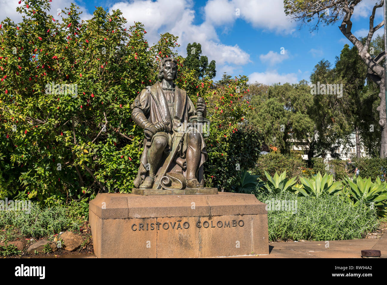 Statua Christoph Kolumbus im Park Santa Caterina, Funchal, Madeira, Portogallo, Europa | statua di Cristoforo Colombo, Parco Santa Caterina, Funchal Foto Stock