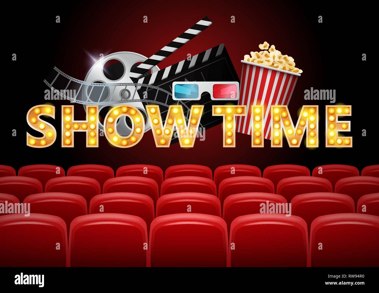 Sala cinema con sedili rosso, showtime, poster design con popcorn, occhiali 3D, nastro a pellicola, clapperboard, illustrazione vettoriale. Illustrazione Vettoriale