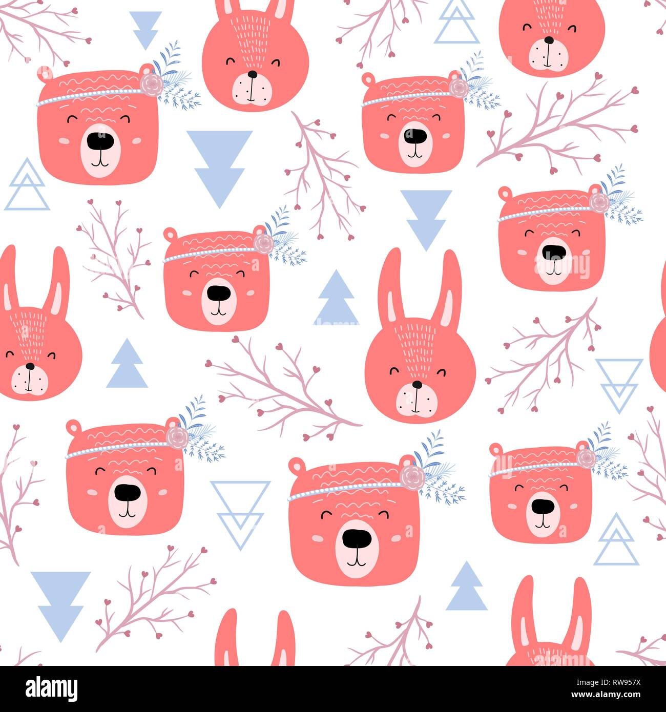 Modello senza cuciture con simpatici orsi e conigli - boho. Stile scandinavo e texture per tessuto, il confezionamento, il tessile e abbigliamento. Illustrazione Vettoriale Illustrazione Vettoriale