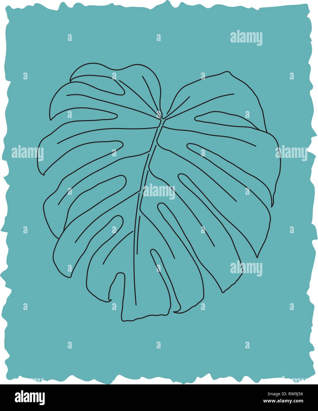 Monstera Deliciosa Foglia tropicale. Linea vettore d'arte Illustrationon sfondo turchese Illustrazione Vettoriale