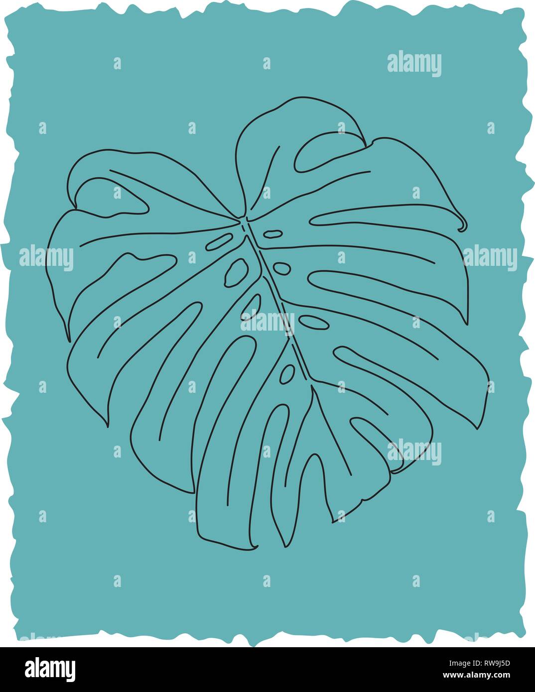 Monstera Deliciosa Foglia tropicale. Line art illustrazione vettoriale su sfondo turchese Illustrazione Vettoriale