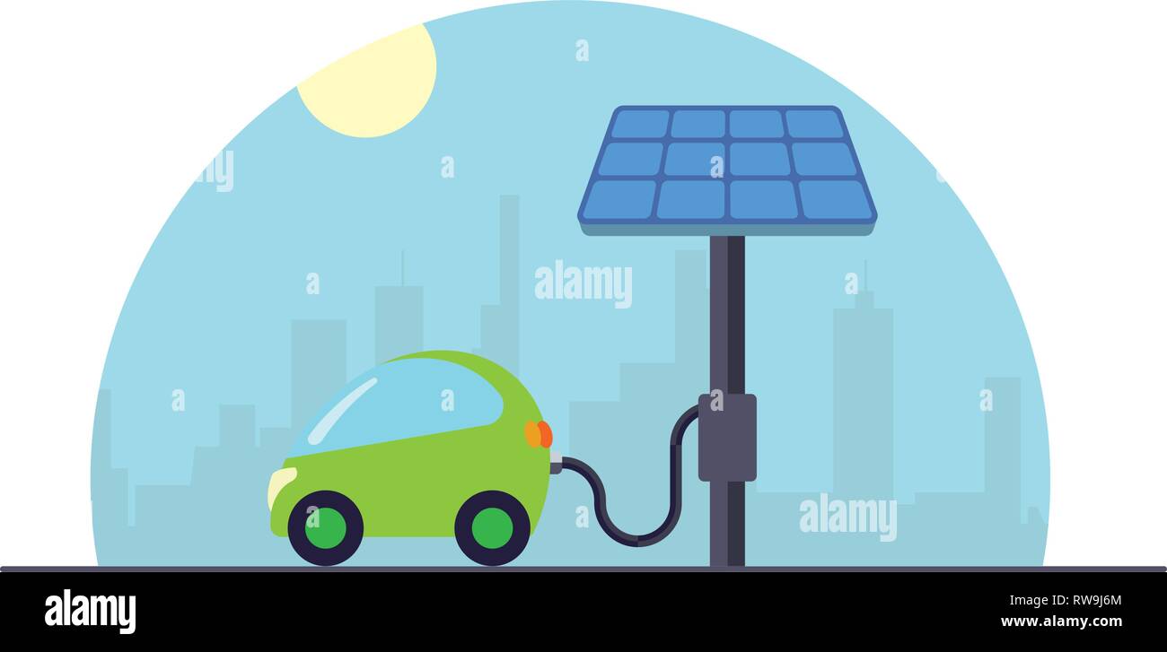 Electromobility concetto. Compatto elettrico auto a energia solare stazione di ricarica design piatto illustrazione vettoriale Illustrazione Vettoriale