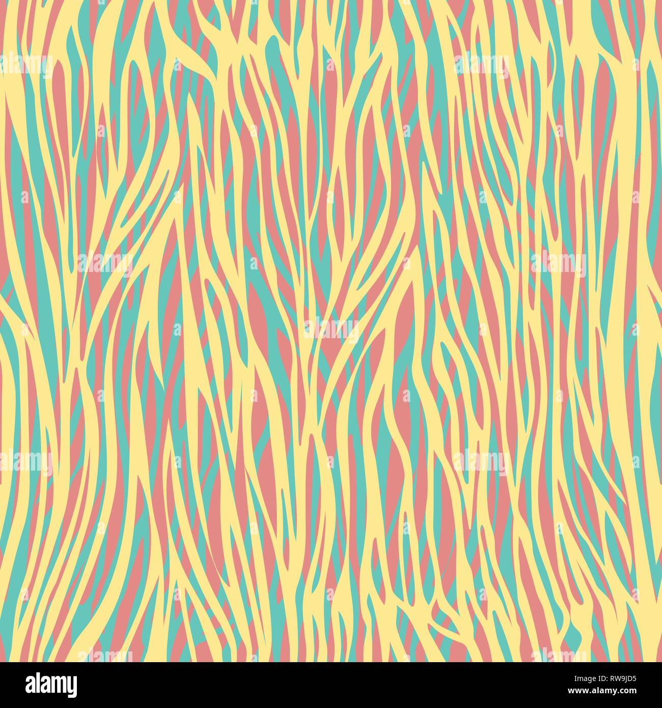 Caotica strisce irregolari astratto modello senza giunture, stampa zebra, ornamento zoomorfi e stilizzata illustrazione moderna. Colorata giallo pastello turchese pi Illustrazione Vettoriale