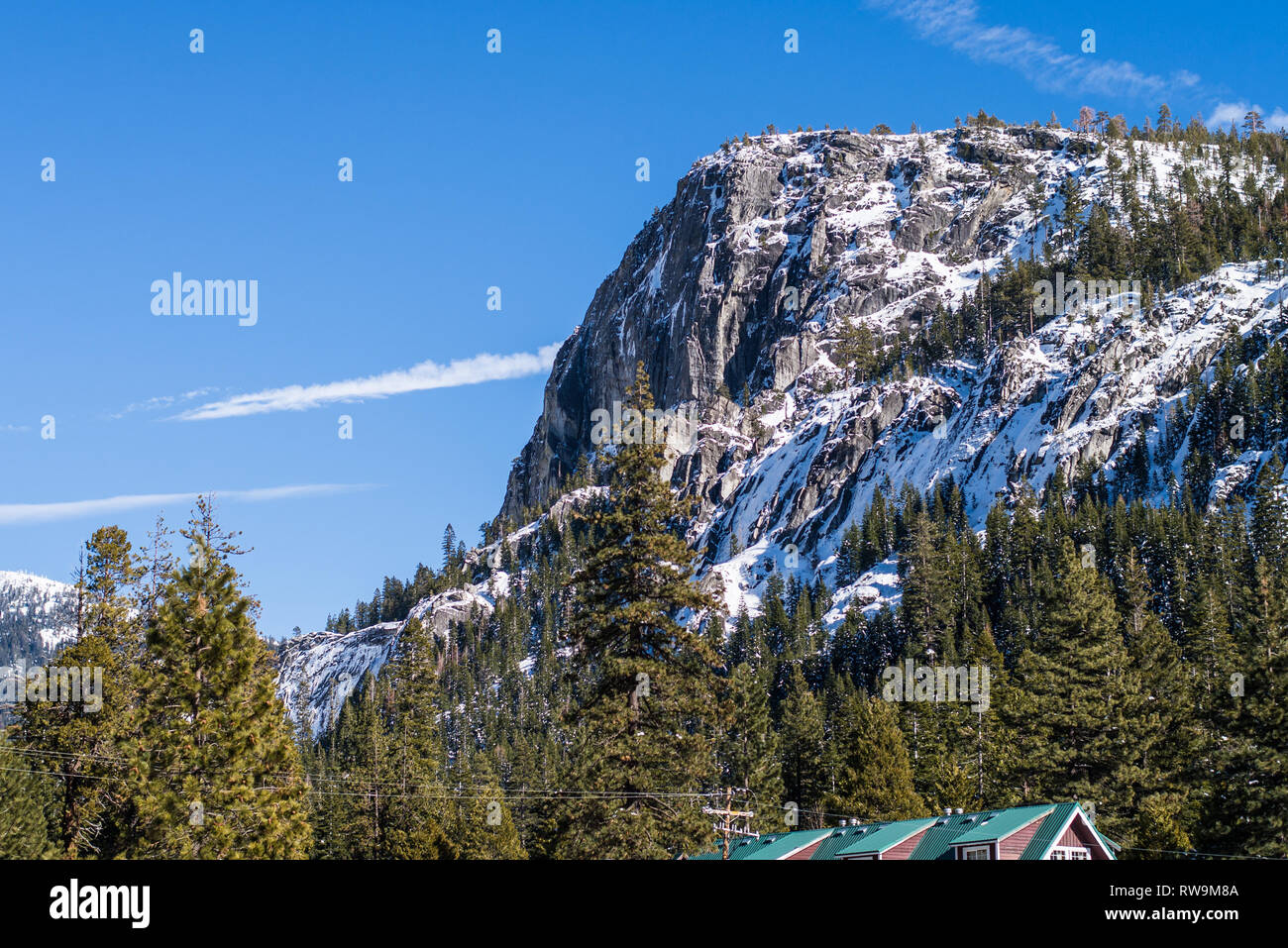 Un alto crinale vicino emigrante Gap (lungo la I-80, nel nord della California) dopo un po' di neve fresca in tardo inverno. Foto Stock