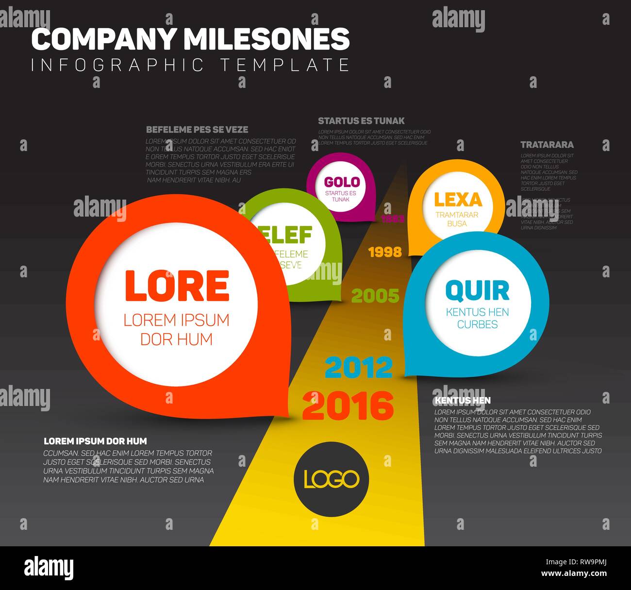 Vettore Infografico scuro AZIENDA Pietre miliari modello Timeline con puntatori sulla strada con giallo linea di demarcazione Illustrazione Vettoriale